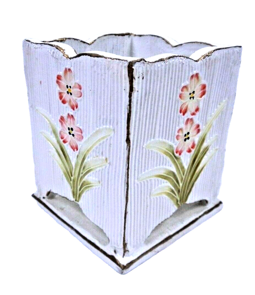 Vintage Square Wooden Hand Painted Storage Box Desk Organizer Ribbed Floral